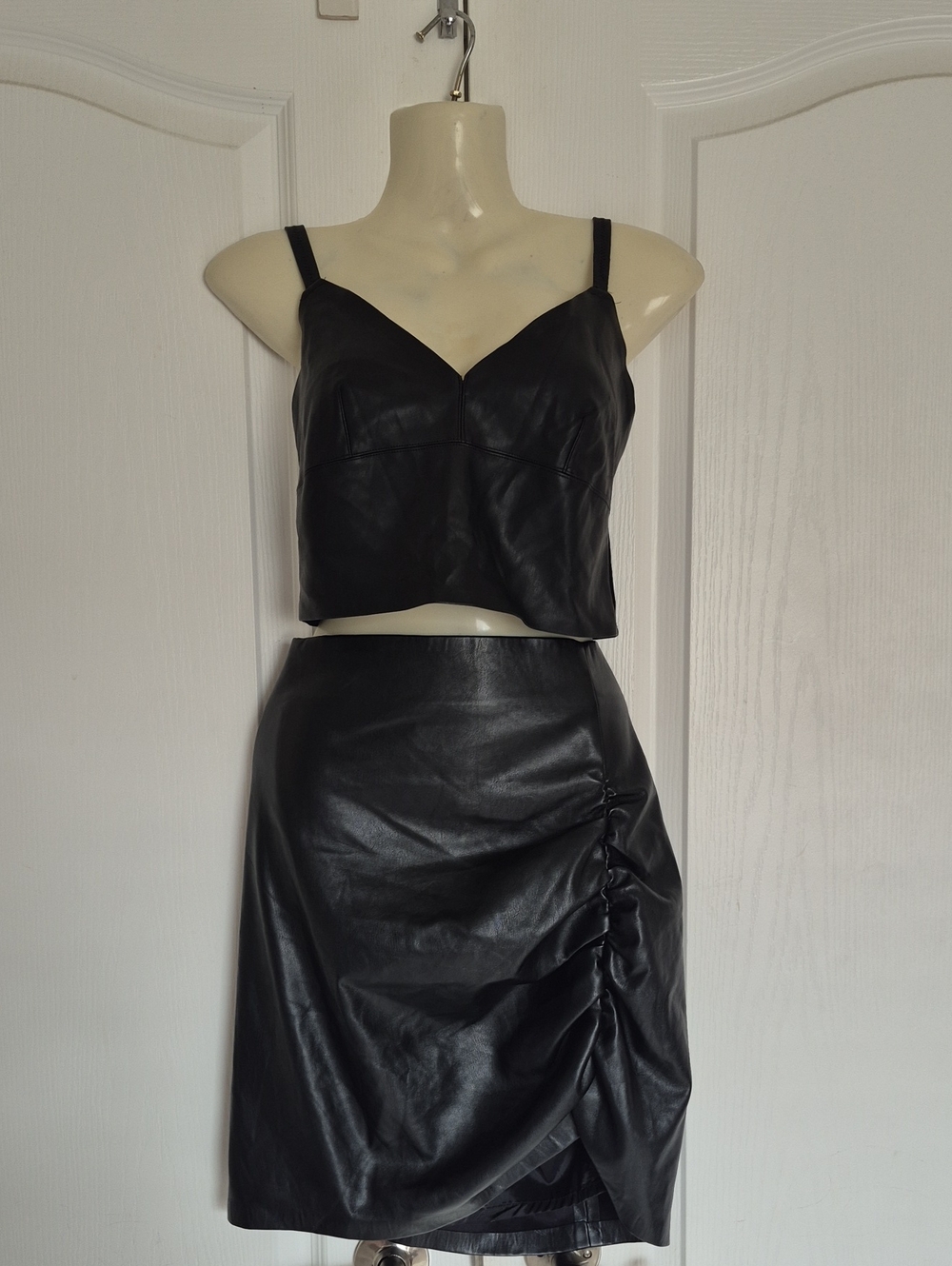 Zara Black Faux Leather Ruched Mini Skirt With Crop Top